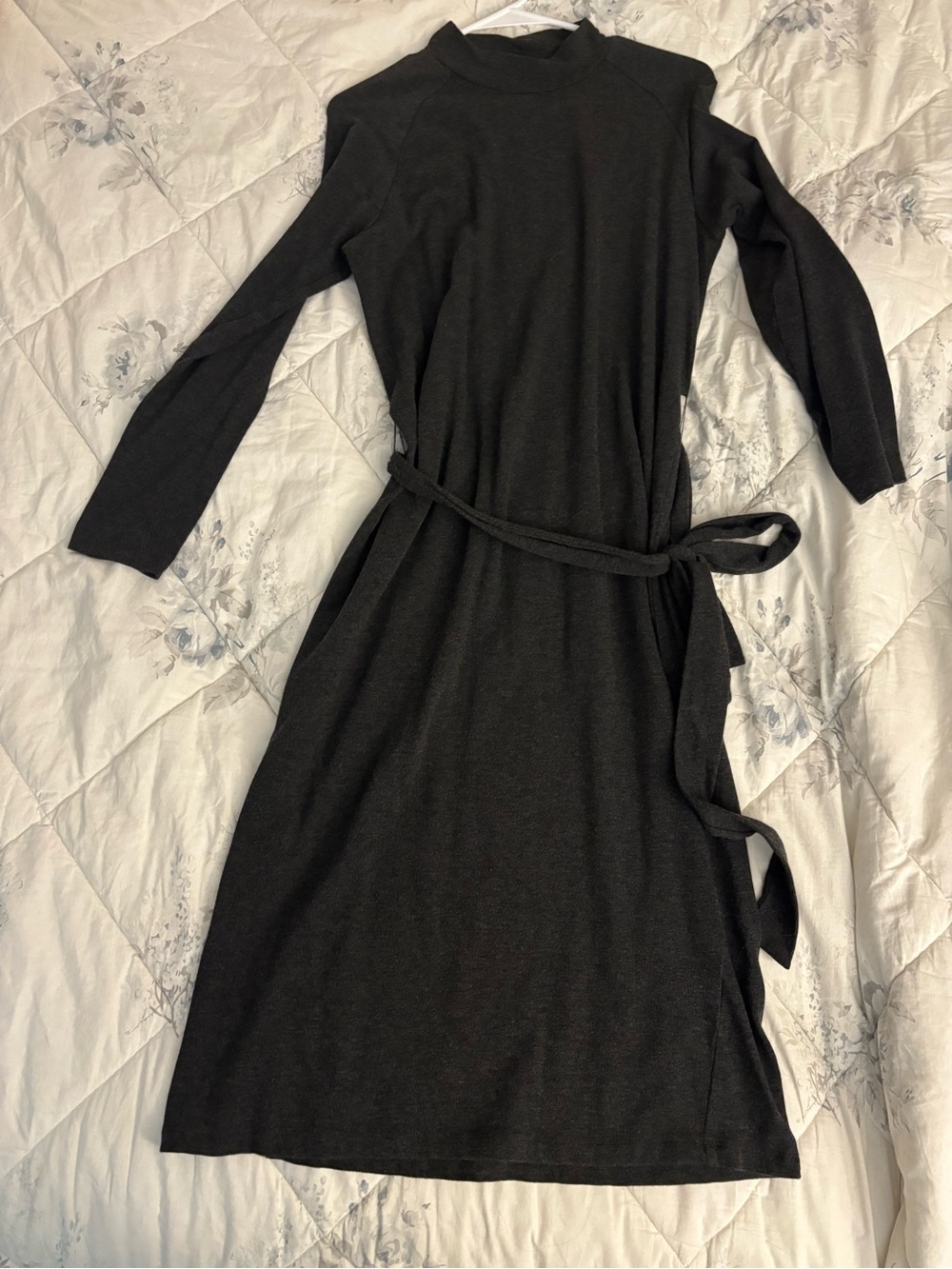 Dark Grey Long-Sleeve Belted Midi Dress